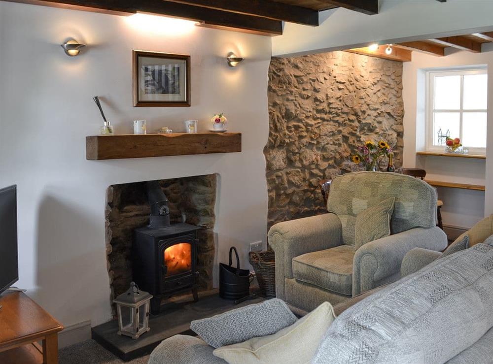 Open plan living space with wood burner at The Snug in Penysarn, Anglesey, Gwynedd
