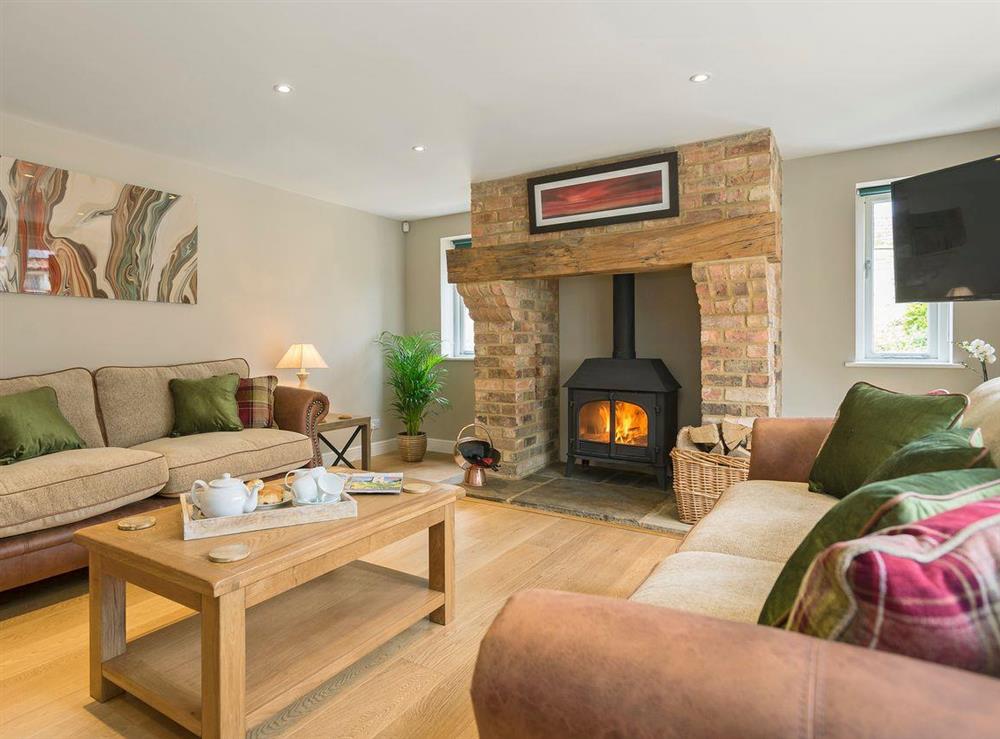 Stylishly furnished living room with wood burner at The Stables in Aisby, near Grantham, Lincolnshire, England