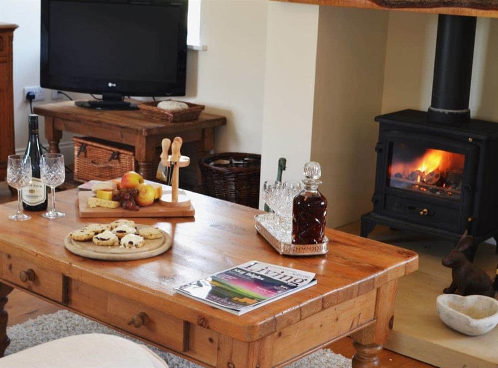 Warm and spacious living room with multi-fuel burner at The Stables in Bolam, near Darlington, Durham