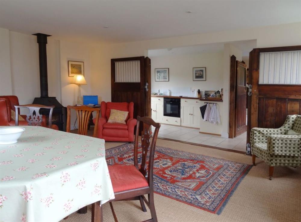 Living room, dining area and kitchen at The Stables, Ottery St Mary, East Devon