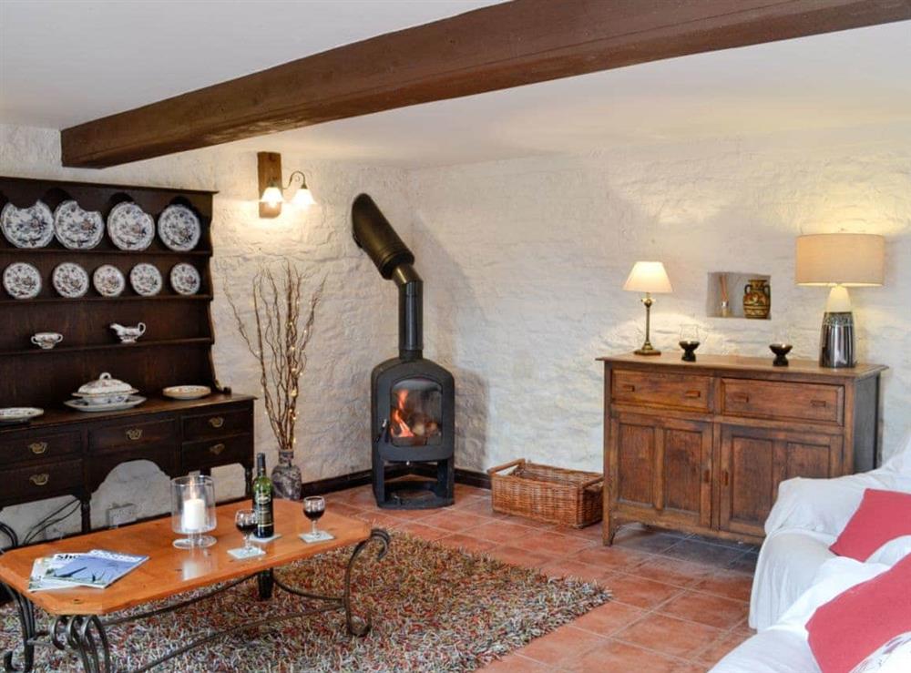 Living room with wood burner at The Stables in Woolaston, near Lydney, Gloucestershire
