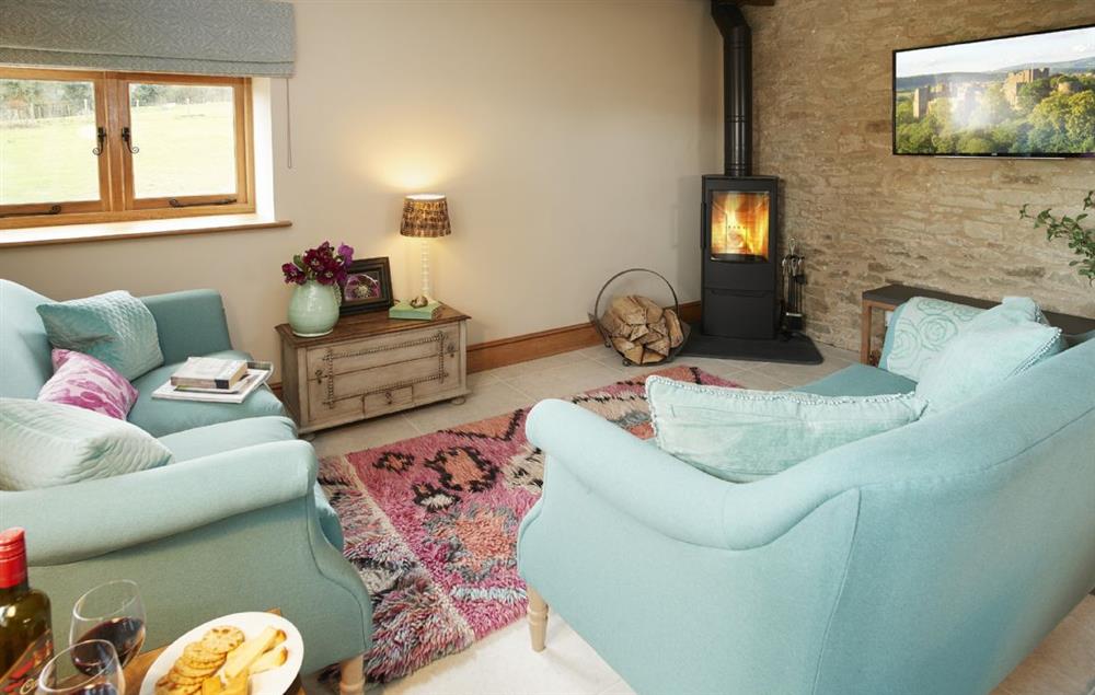 Sitting room with wood burning stove at The Stone Barn, Downton-on-the-Rock
