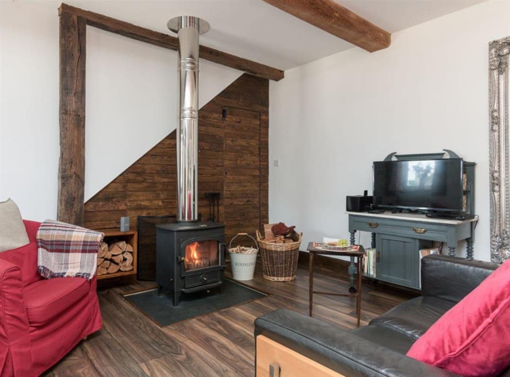 Open plan living space with wood burner at The Studio Barn @ Silverwood in Woolaston, near Lydney, Gloucestershire