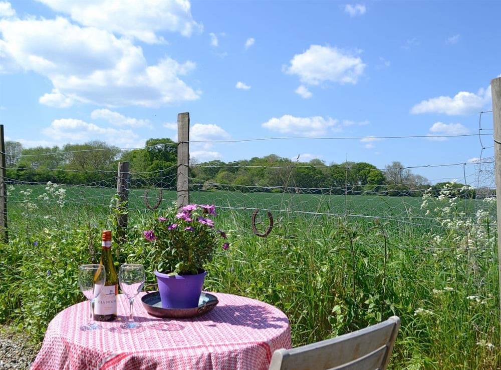 Wonderful rural views from the patio at The Studio in Hinton, near Saxmundham, Suffolk