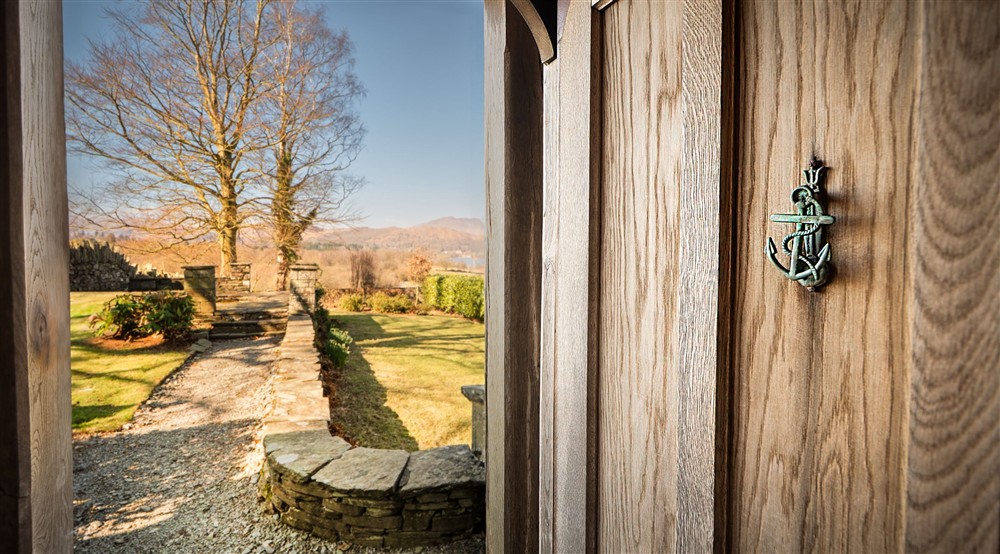 The front door of The Summer House, with its garden and views of Lake Windermere, Cumbria at The Summer House in Nr Hawkshead, Cumbria