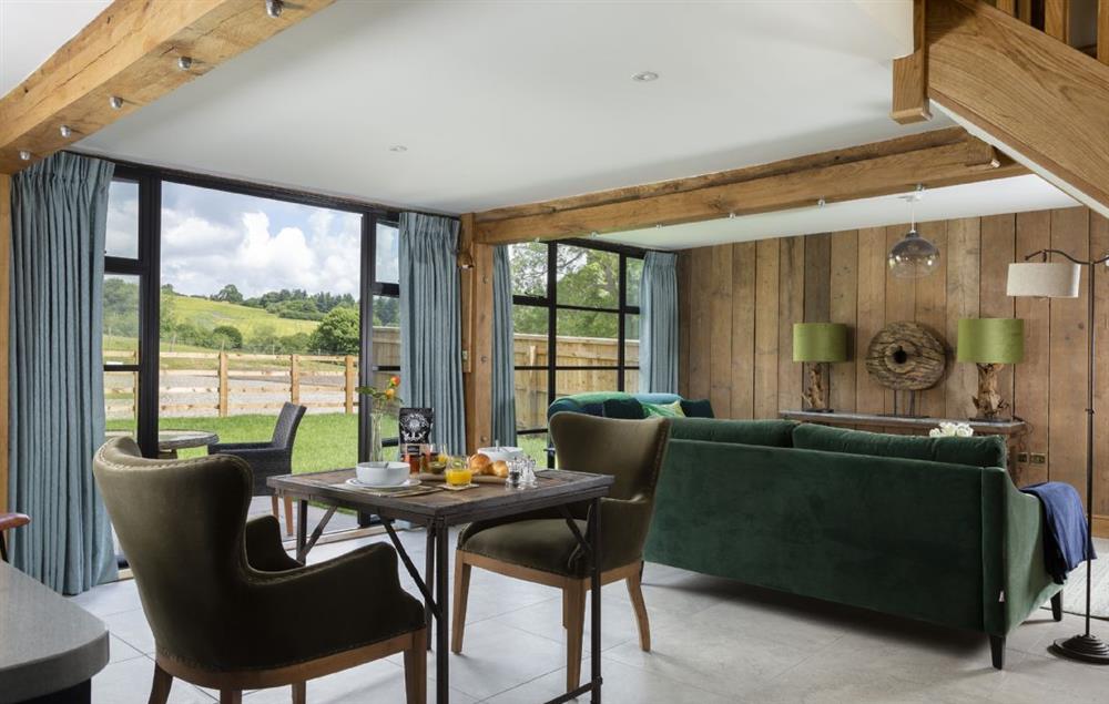 Open plan living area with sitting, dining and kitchen area at The Timber Barn, Downton-on-the-Rock