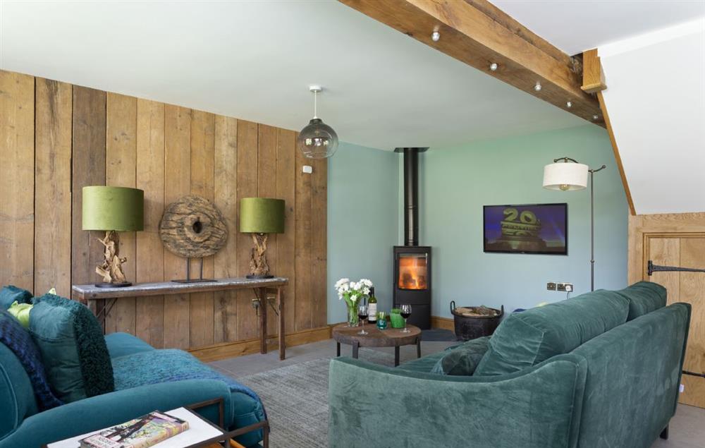 Sitting area with comfy sofas, television and cosy wood burning stove at The Timber Barn, Downton-on-the-Rock