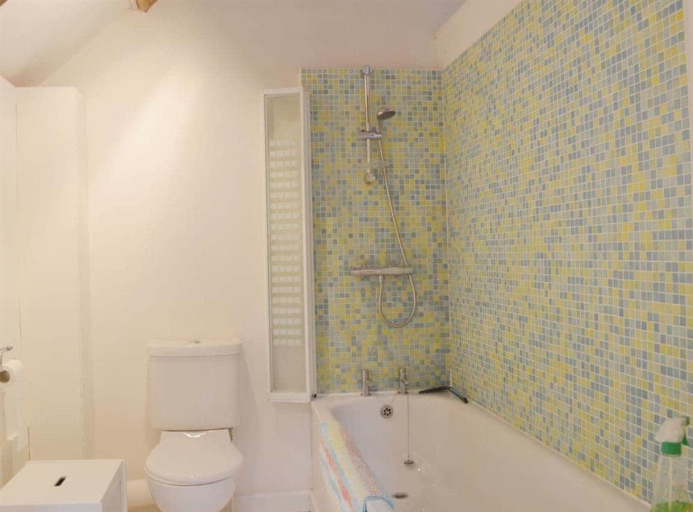 The bathroom has a beautifully tiled wall and features an over the bath shower at The Tithe Barn in Huxham, near Exeter, Devon