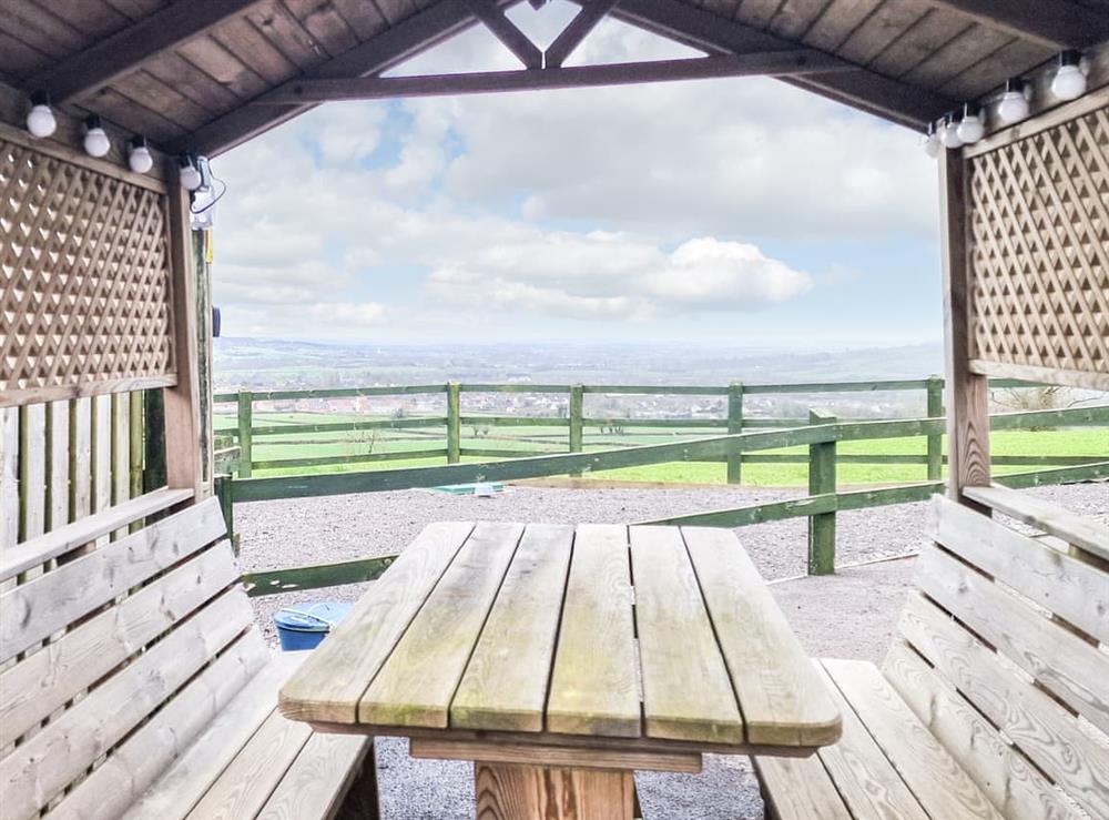 Outdoor eating area at The Udder Shed in Stony Stratton, near Evercreech, Somerset