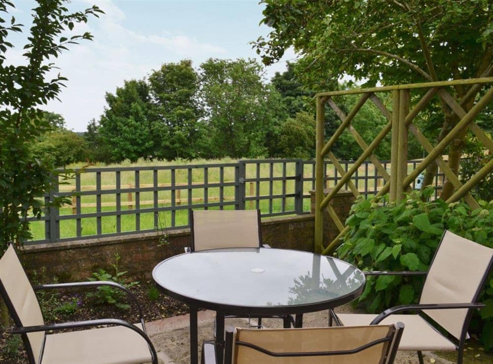 Lawned garden with patio, garden furniture and gas BBQ at The Weaning Shed in Huggate, near Pocklington, North Yorkshire