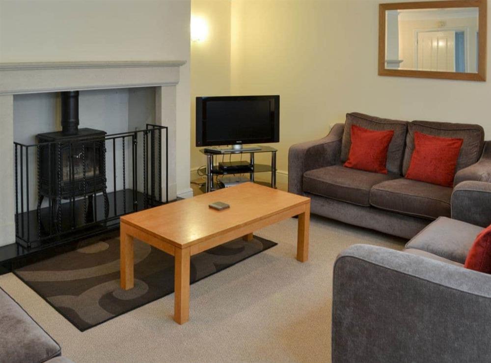 Living room with wood burning stove at The Willows in Sea Palling, Norfolk