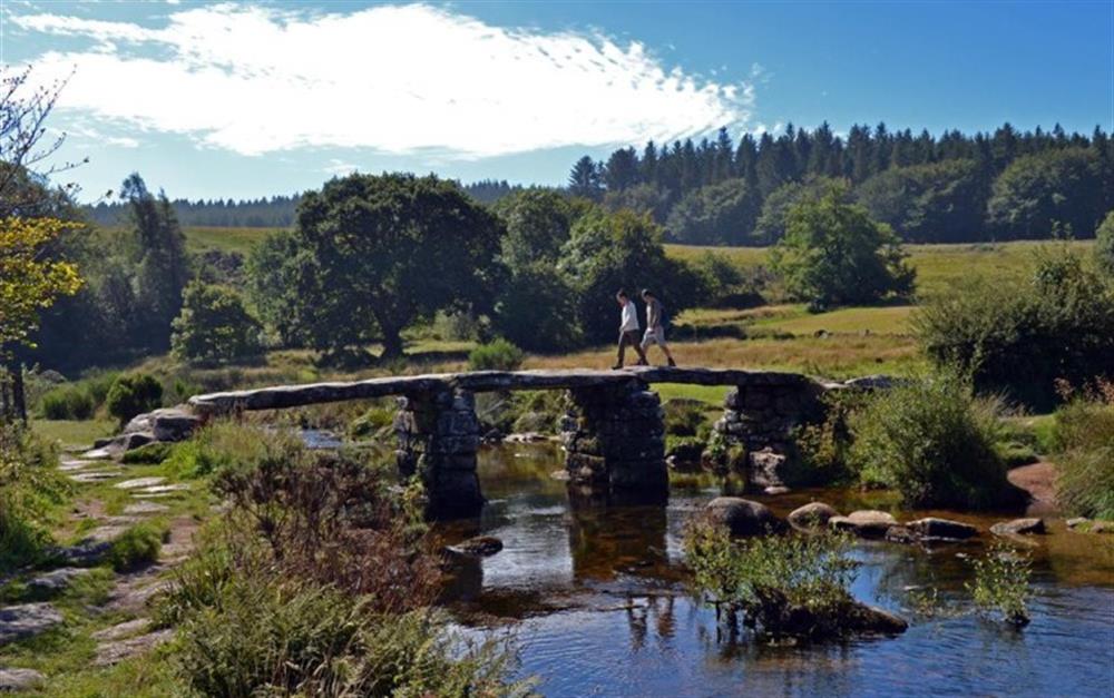 Dartmoor walking across a traditional clapper bridge.