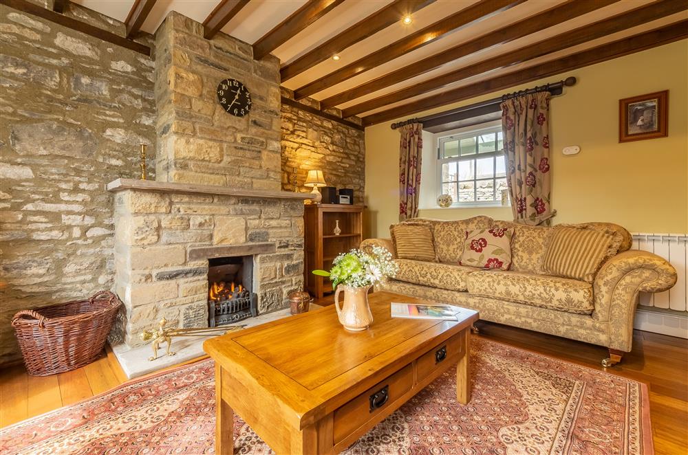 Sitting room with gas stove and comfy seating for six guests at Theaked Stones, Leyburn