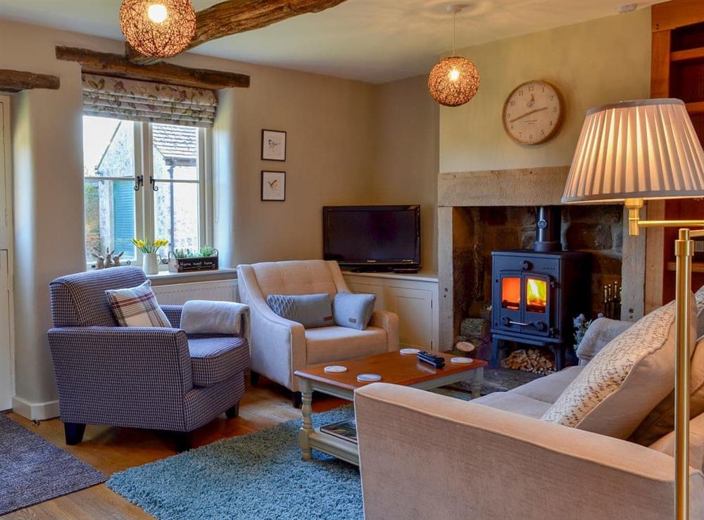 Cosy living area with wood burner at Thistledown Cottage in Great Longstone, near Bakewell, Derbyshire