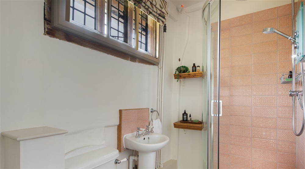 The en-suite shower room of Bedroom 2 Strutt, on the first floor of Thorington Hall, Suffolk at Thorington Hall in Stoke By Nayland, Suffolk