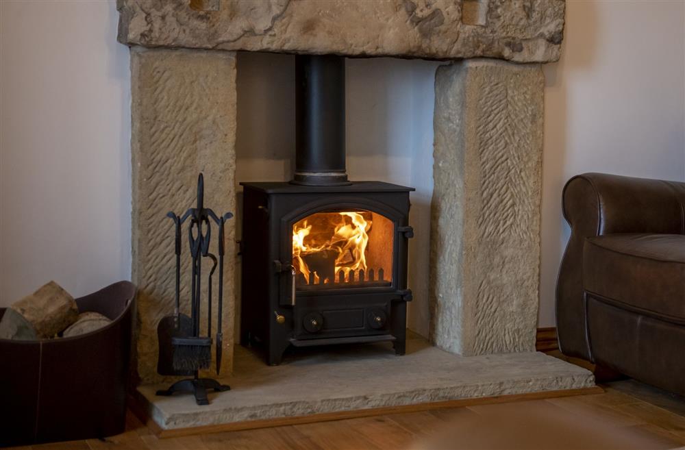 Sitting room with wood burning stove at Threpnybit Cottage, Pockley