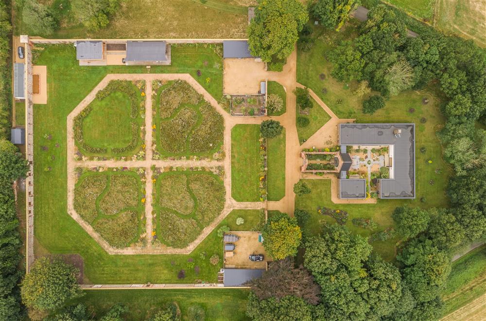 Birds-eye view of Thursford Castle and gardens at Thursford Castle, Great Snoring