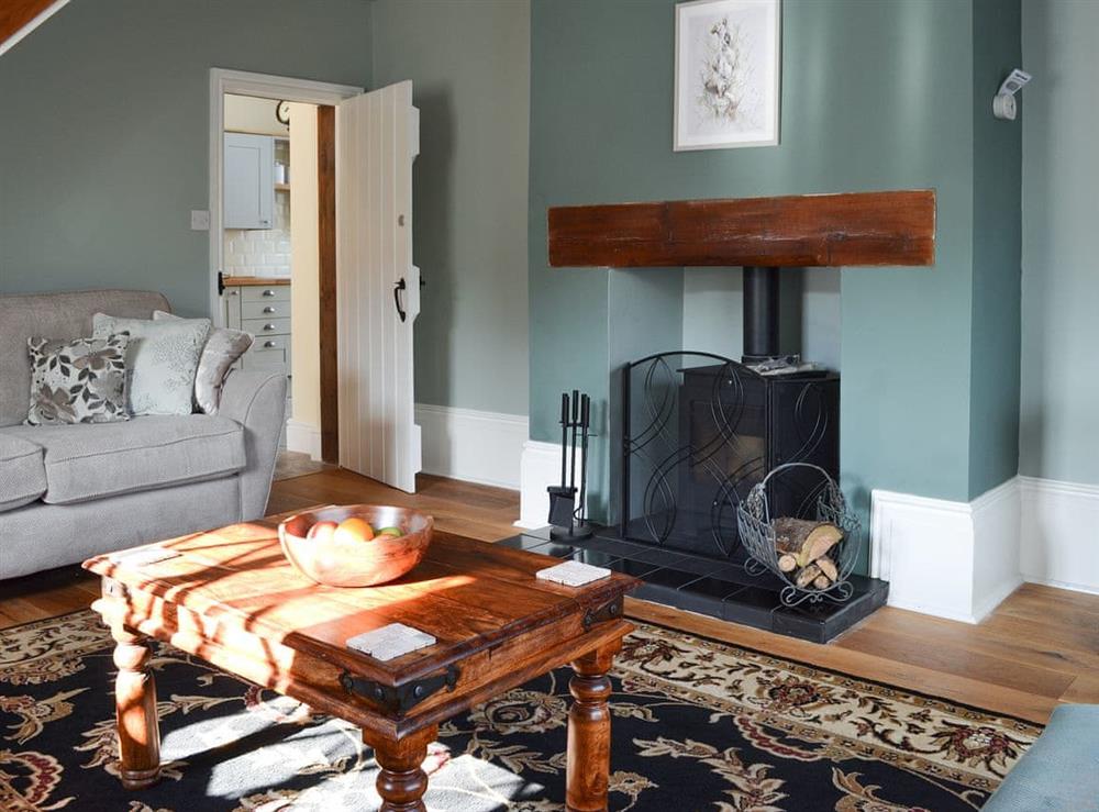 Living room with wood burner at Thwaite Cottage in Sigglesthorne, near Hornsea, North Humberside