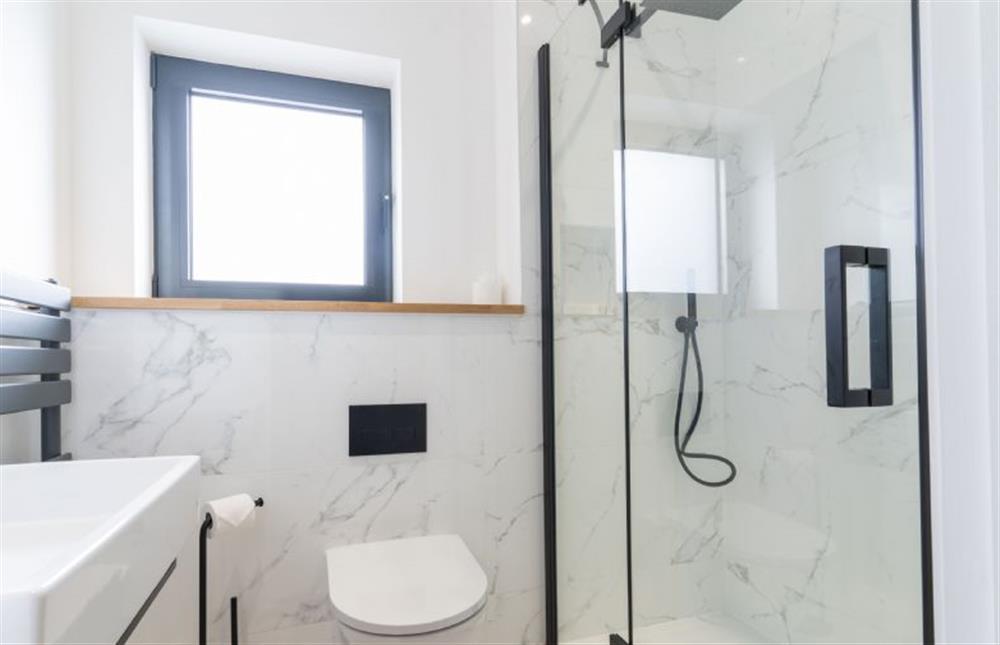 Family shower room with a walk-in shower, wash basin, WC and heated towel rail at Tidelines, Newquay