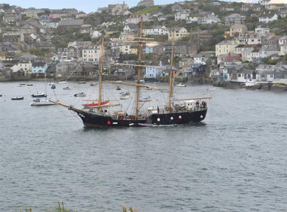 Fowey often plays host to old fashioned sailing ships at Tides Reach in Fowey, Cornwall., Great Britain