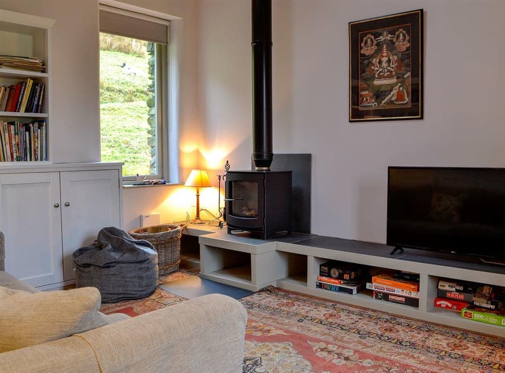 Cosy living room with wood burner at Todd Fell Barn, 
