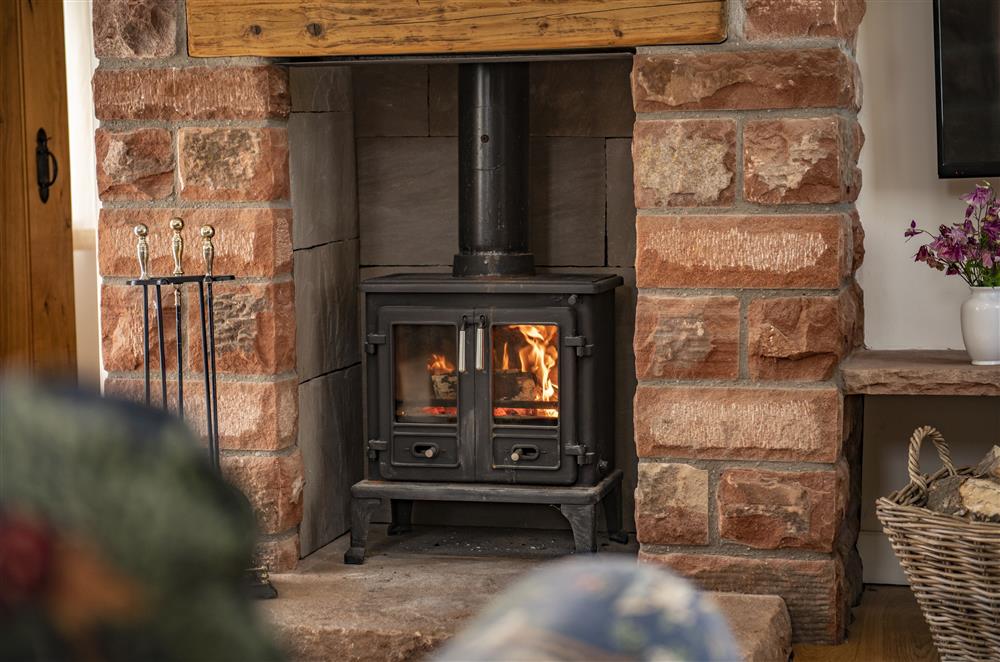 Relax by the wood burning stove in the open-plan sitting room at Todd Hills Hall Farmhouse and Vale Croft, Melmerby