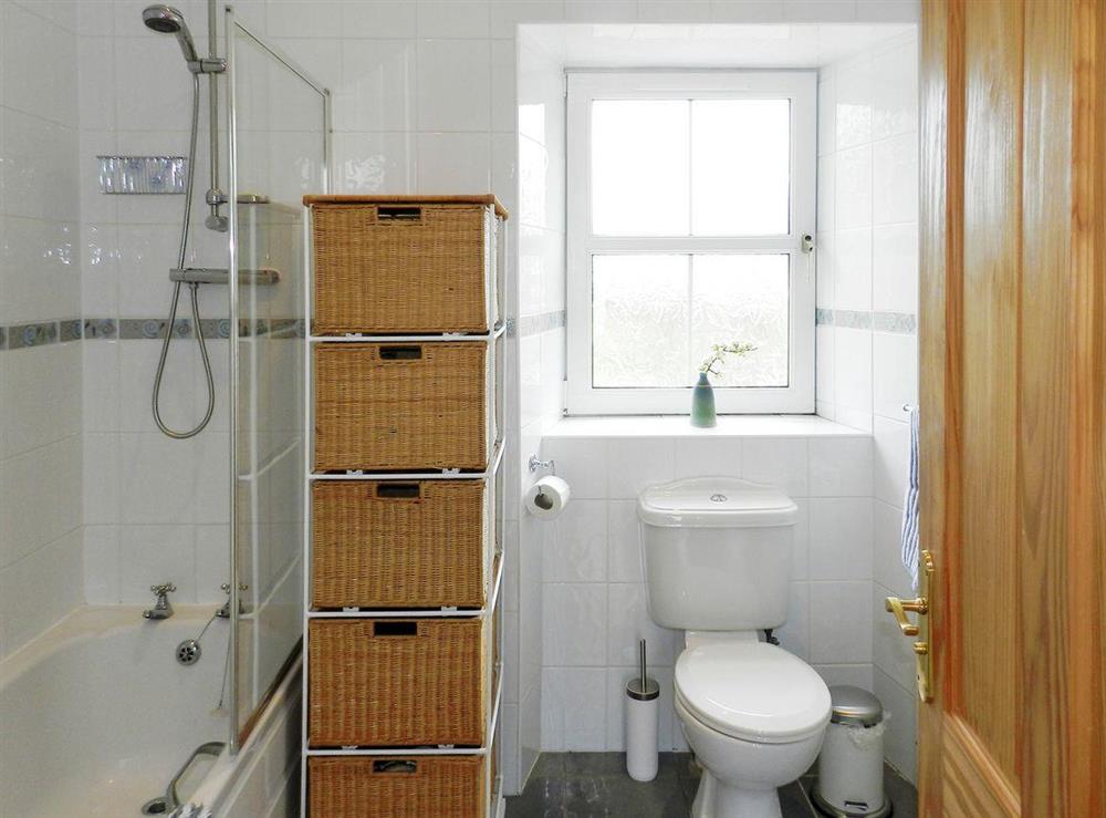 Family bathroom with shower over bath at Torbeg Farm Cottage in Torbeg, near Blackwaterfoot, Isle of Arran, Scotland