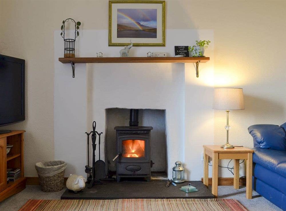 Cosy wood burner in the living room at Tote Cottage in Skeabost Bridge, Isle Of Skye