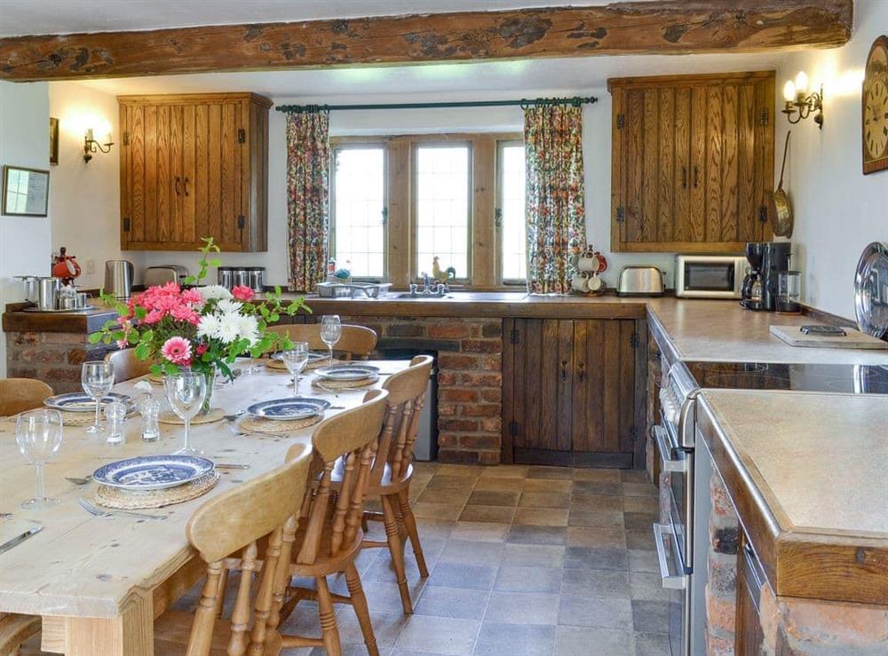 Well-equipped kitchen with dining area at Townfield Farm in Kettleshulme, near Whaley Bridge, Derbyshire
