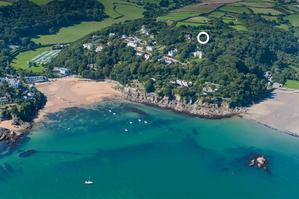 Aerial shot of South Sands and Salcombe Estuary (Treetops is circled) at Treetops in Moult Hill, Salcombe