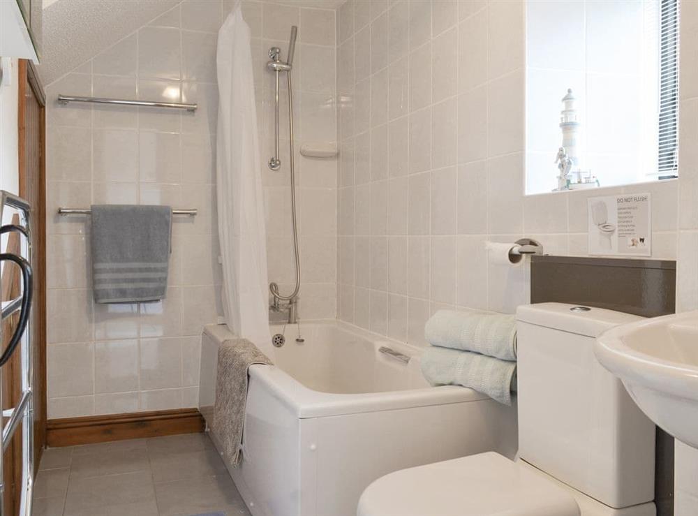 Family bathroom with shower over bath at Treetops in Whitstone, near Bude, Cornwall