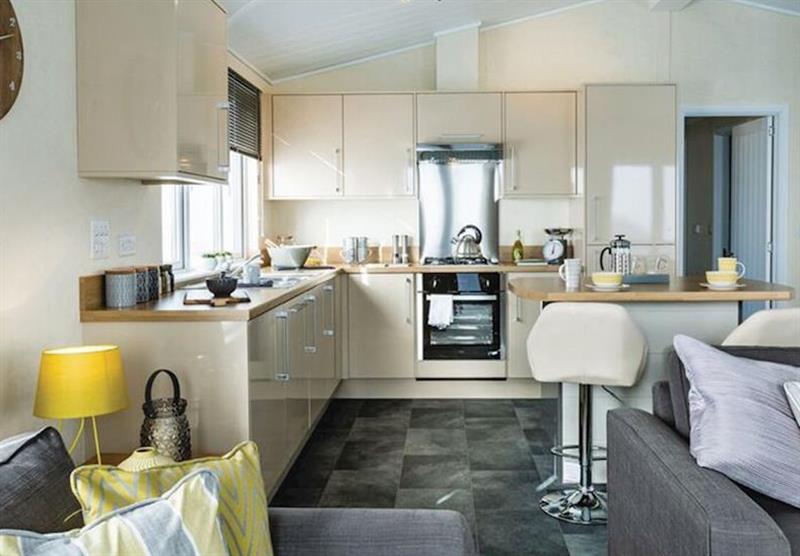 The kitchen in a lodge at Tregoad Park in Looe, South Cornwall