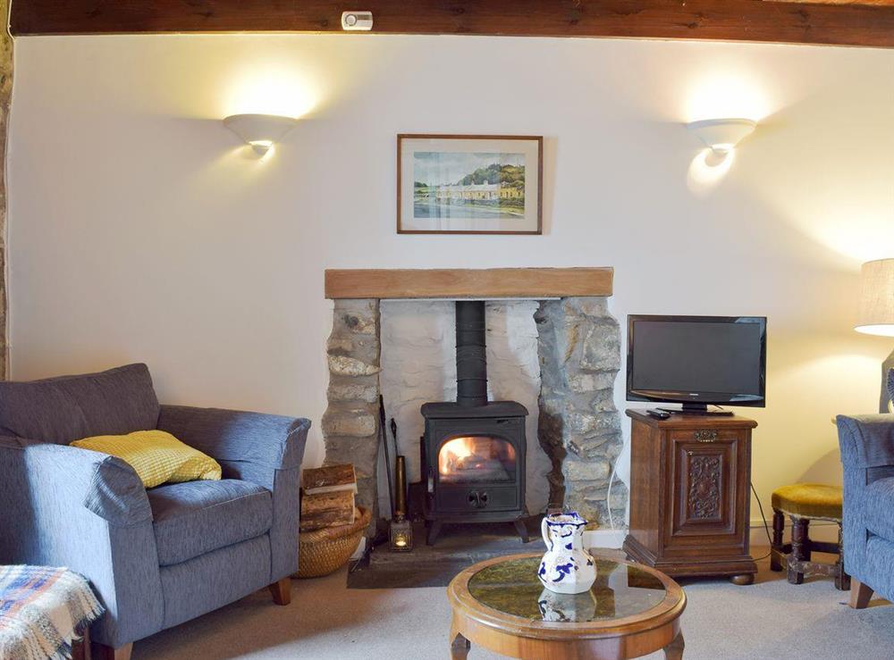 Cosy living room with wood burner at Trem-Y-Don Cottage in Trefin, near St. David’s, Dyfed