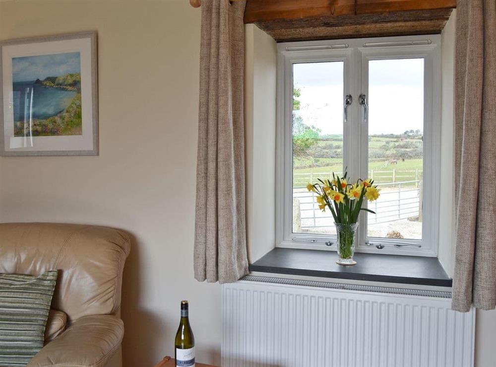 Living room with window views at Tresidder Barn in Constantine, near Falmouth, Cornwall