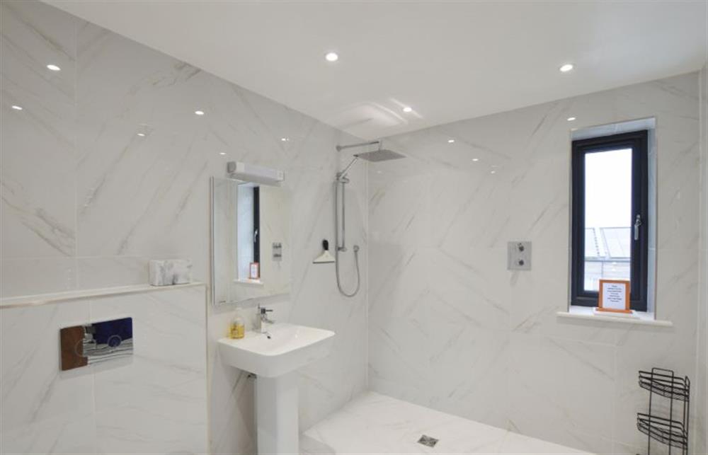 Bedroom one walk-in wet room with shower, wash basin and WC at Trevose Penthouse, Newquay