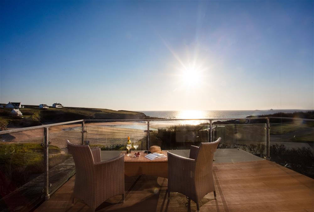 View from first floor bedrooms balcony with comfortable seating at Trewalder, Treyarnon Bay, St Merryn