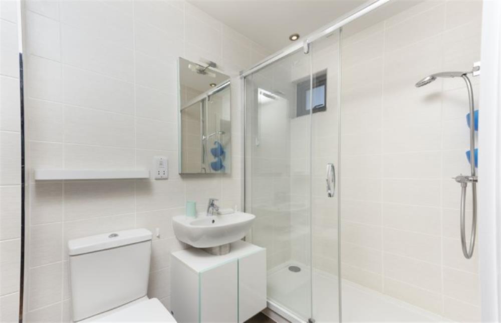 Triskel, St Agnes. Master bedroom en-suite with shower, wash basin and WC at Triskel, St Agnes