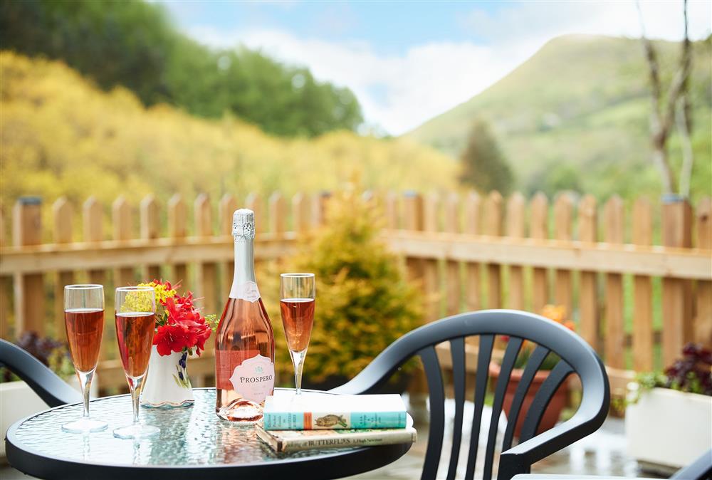 Dine outside and enjoy stunning mountains views from terrace at Troedrhiwfawr, Aberystwyth