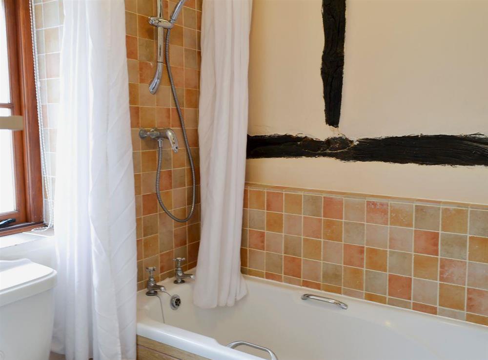 Bathroom with shower over bath at Tudor Cottage Studio in Romsey, Hampshire