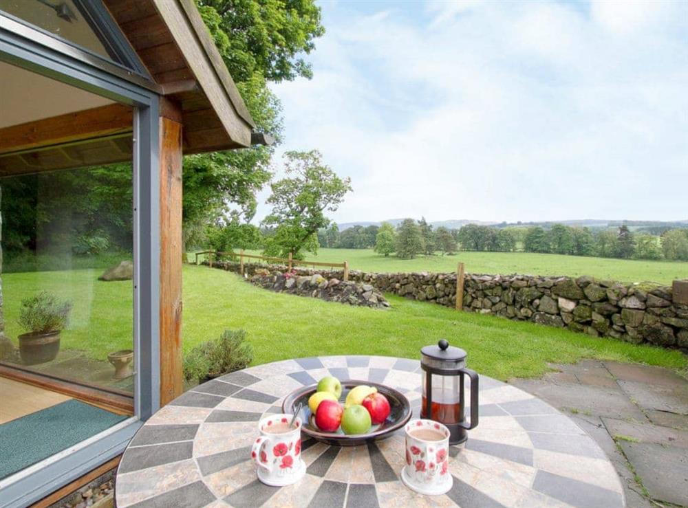 Take advantage of the glorious views from the sitting-out-area at Tullibole Castle Longhouse in Crook of Devon, Kinross-shire., Kinross-Shire