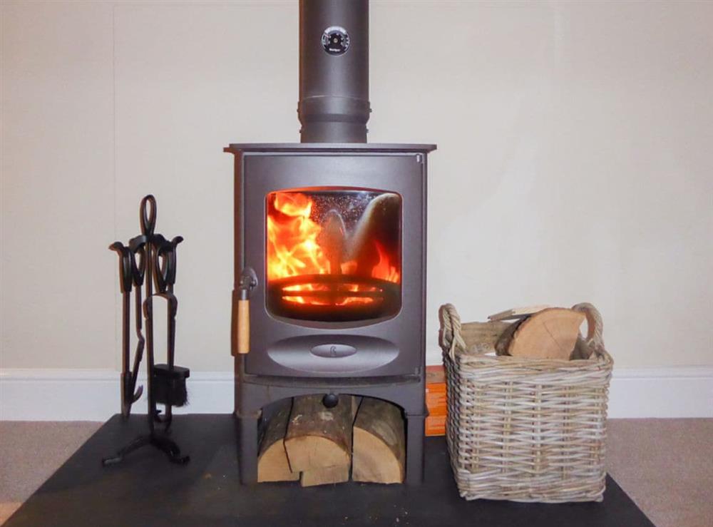 Cosy and warm wood burner in the living area at Tuppence Cottage in Dulverton, Somerset