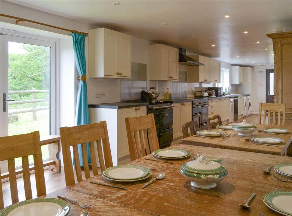 Large kitchen and dining room with French doors to garden at Tutchenor Farm in Patchacott, near Beaworthy, Devon