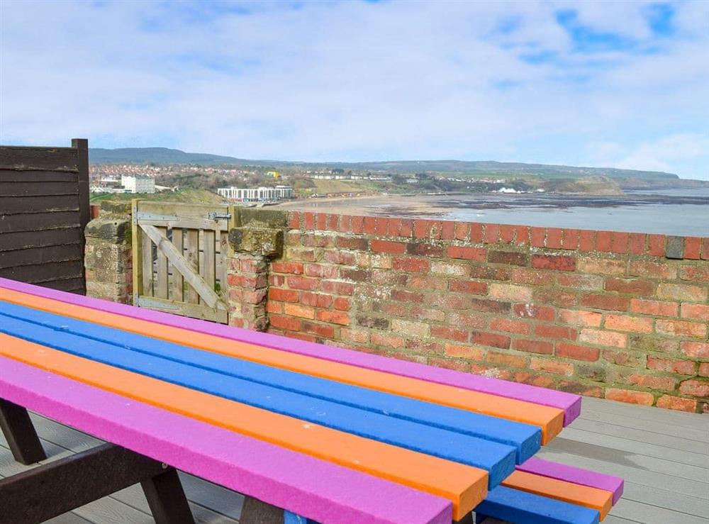 Sitting out area with wonderful coastal views at Twin Bays House in Scarborough, North Yorkshire., Great Britain