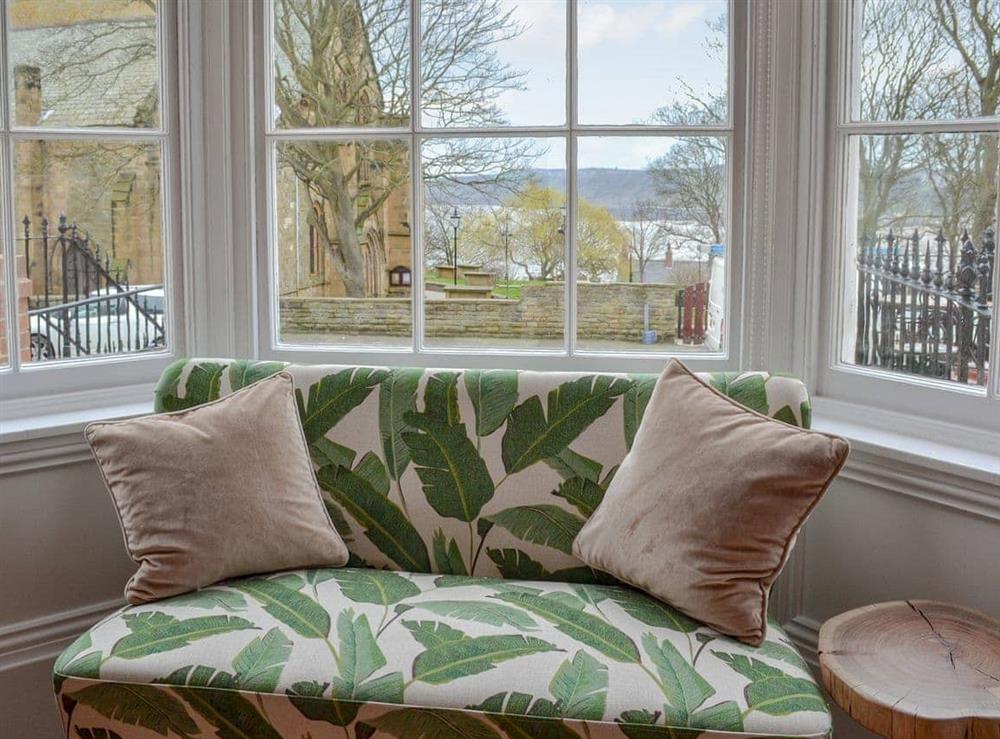 Window seat in the dining area at Twin Bays House in Scarborough, North Yorkshire., Great Britain