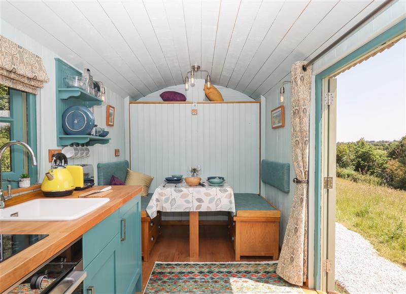 This is the kitchen at Two Moors Shepherds Hut, Hittisleigh near Whiddon Down