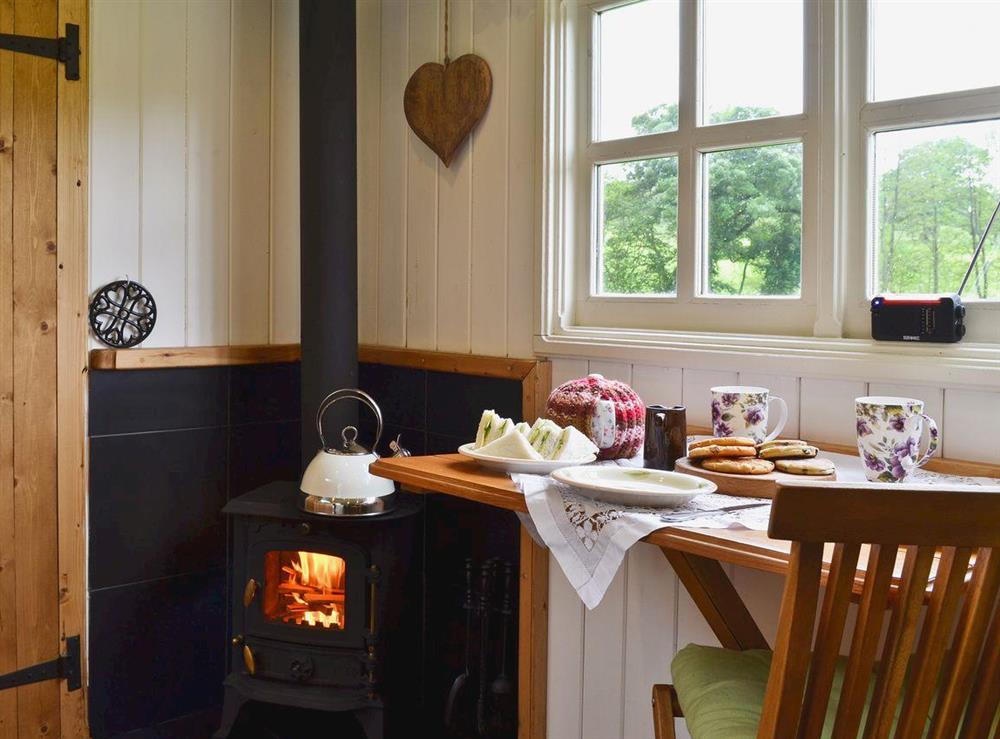 Dining area and wood burner at Ty Bach Shepherds Hut in Franksbridge, near Builth Wells, West Yorkshire