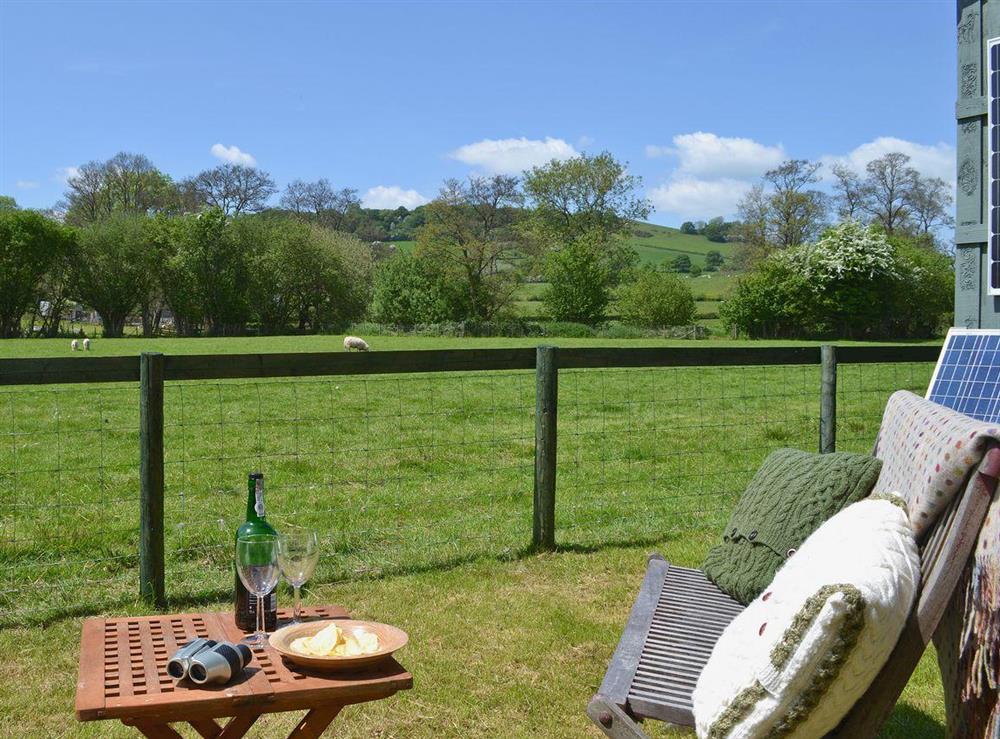Lawned garden with garden furniture and BBQ at Ty Bach Shepherds Hut in Franksbridge, near Builth Wells, West Yorkshire