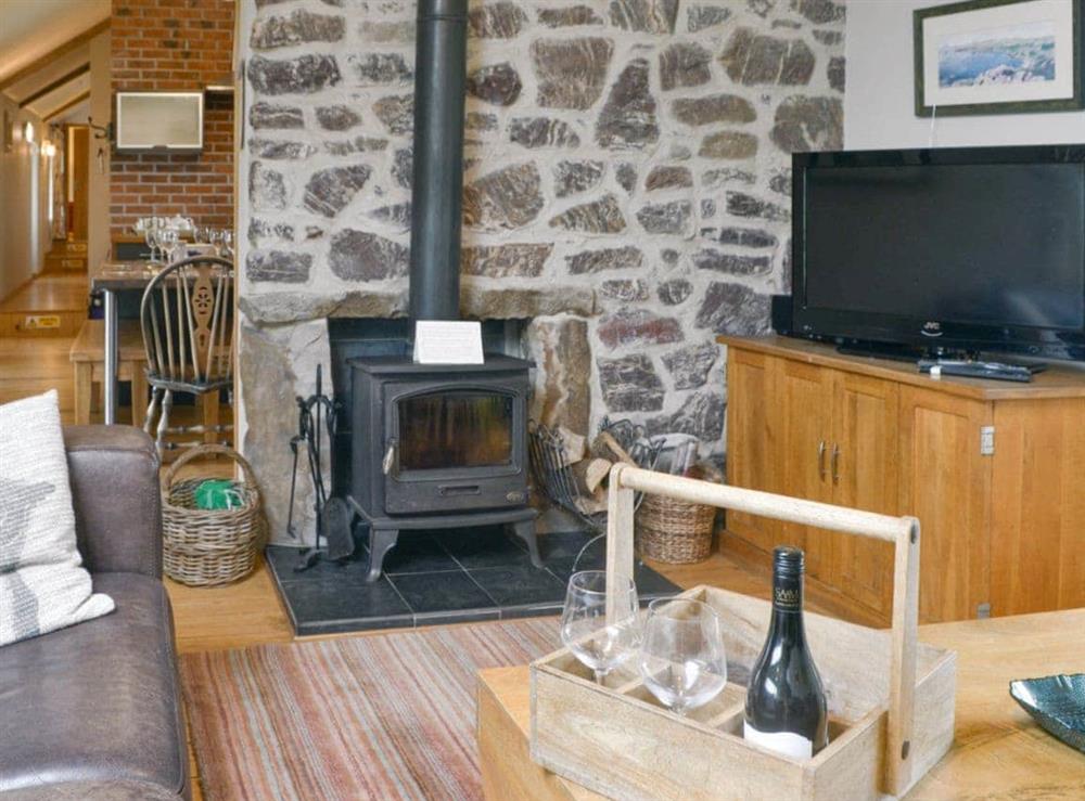 Living room with wood-burning stove at Ty Cam in Nr. Aberdaron, Gwynedd., Great Britain