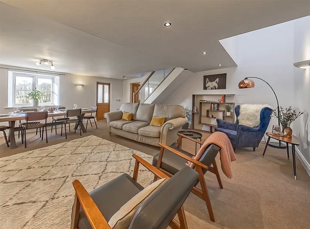 Open plan living space at Ty Cerrig Barn in Corwen, Denbighshire