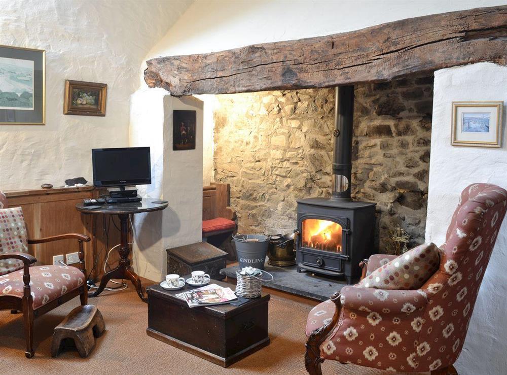 Cosy living room with wood burning stove at Ty Christian in Caerwedros, Nr New Quay, Ceredigion., Dyfed